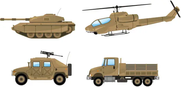 Vector illustration of Military Desert Tank helicopter trunk land vehicle