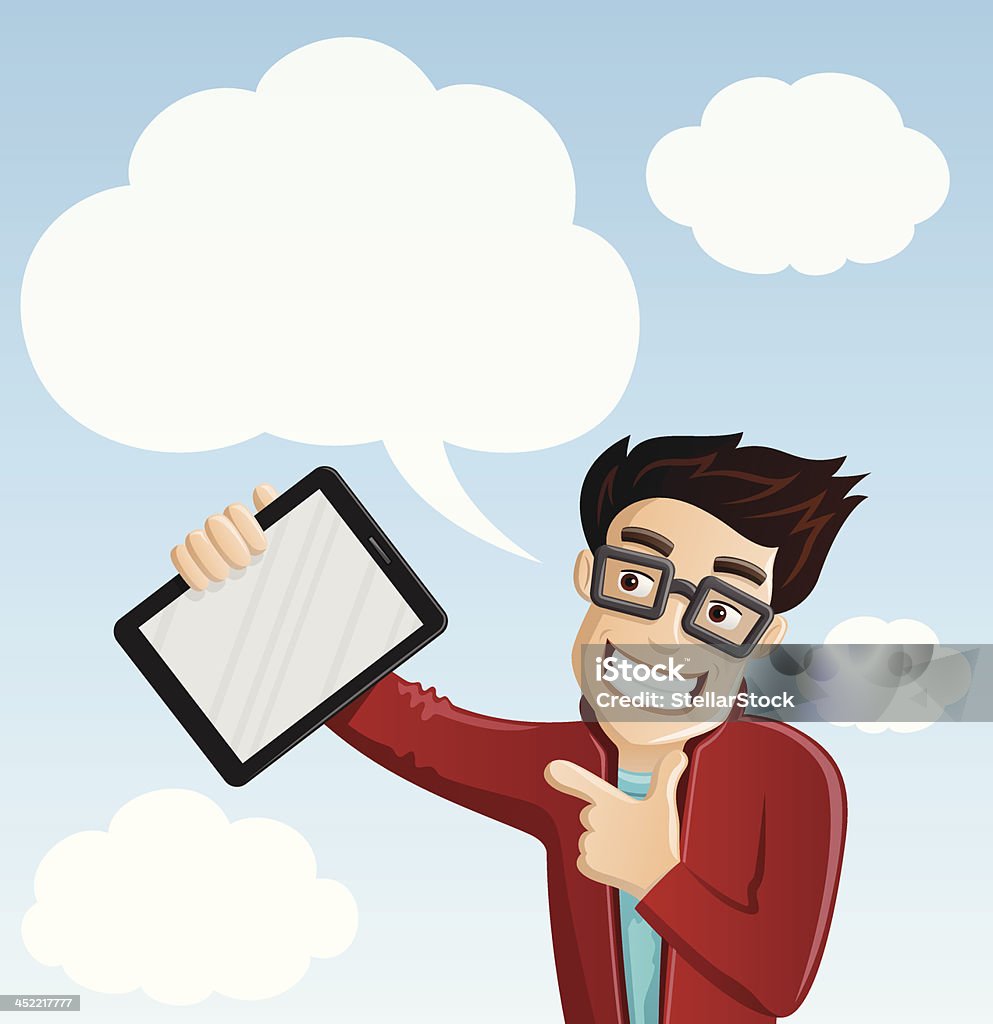 Computer Geek 5-Cloud-Computing und zeigt auf Tablet PC - Lizenzfrei Berührungsbildschirm Vektorgrafik