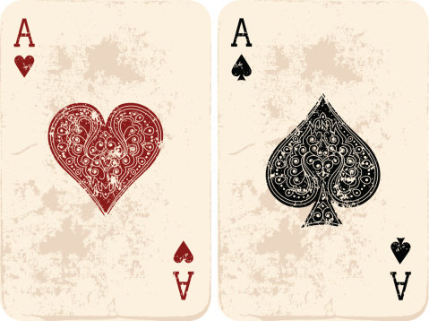 Set of two vintage playing cards.Ace of Hearts & Ace of Spades. Vector illustration. EPS10, Ai10, PDF, High-Res JPEG included.