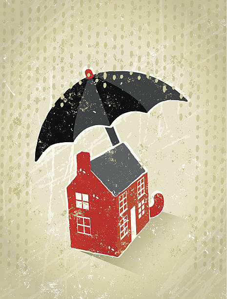 Giant Umbrella Protecting a Tiny house From the Rain Home Insurance! A stylized vector cartoon of an umbrella and a Tiny House. Suggesting - mortgages, home insurance, safe house, home, home finance, or home security. Umbrella, house, Tint. Rain, paper texture and background are on different layers for easy editing. Please note: This is an eps10 illustration. Multiply transparency used on layer Tint and shadow, clipping paths have been also been used, an eps 8 version is included without the path and transparency. flood preparation stock illustrations