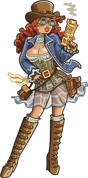 illustrations, cliparts, dessins animés et icônes de sexy steampunk gunslinger - pin up girl human face leather beauty