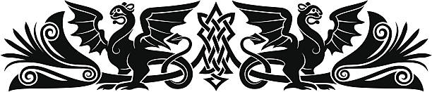 Medieval Celtic pattern Medieval Celtic pattern with bizarre creatures look like griffins or dragons. Good as an armband tattoo. bills lions stock illustrations