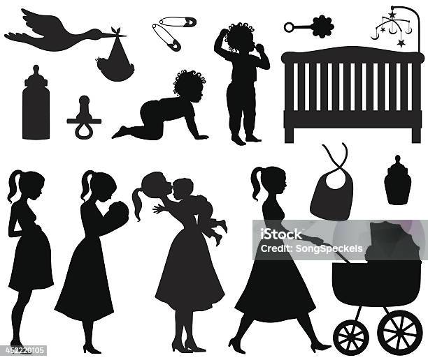 Ilustración de Artículos Y Siluetas De Bebé y más Vectores Libres de Derechos de Babero - Babero, Bebé, Biberón