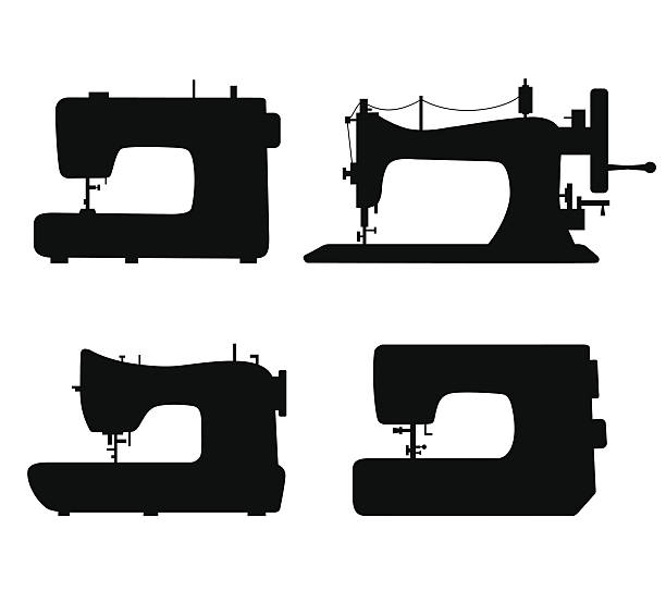 Set of sewing machines Set of black isolated contour silhouettes of sewing machines. Icons collection of stitching machines. Pictogram sewing machine stock illustrations