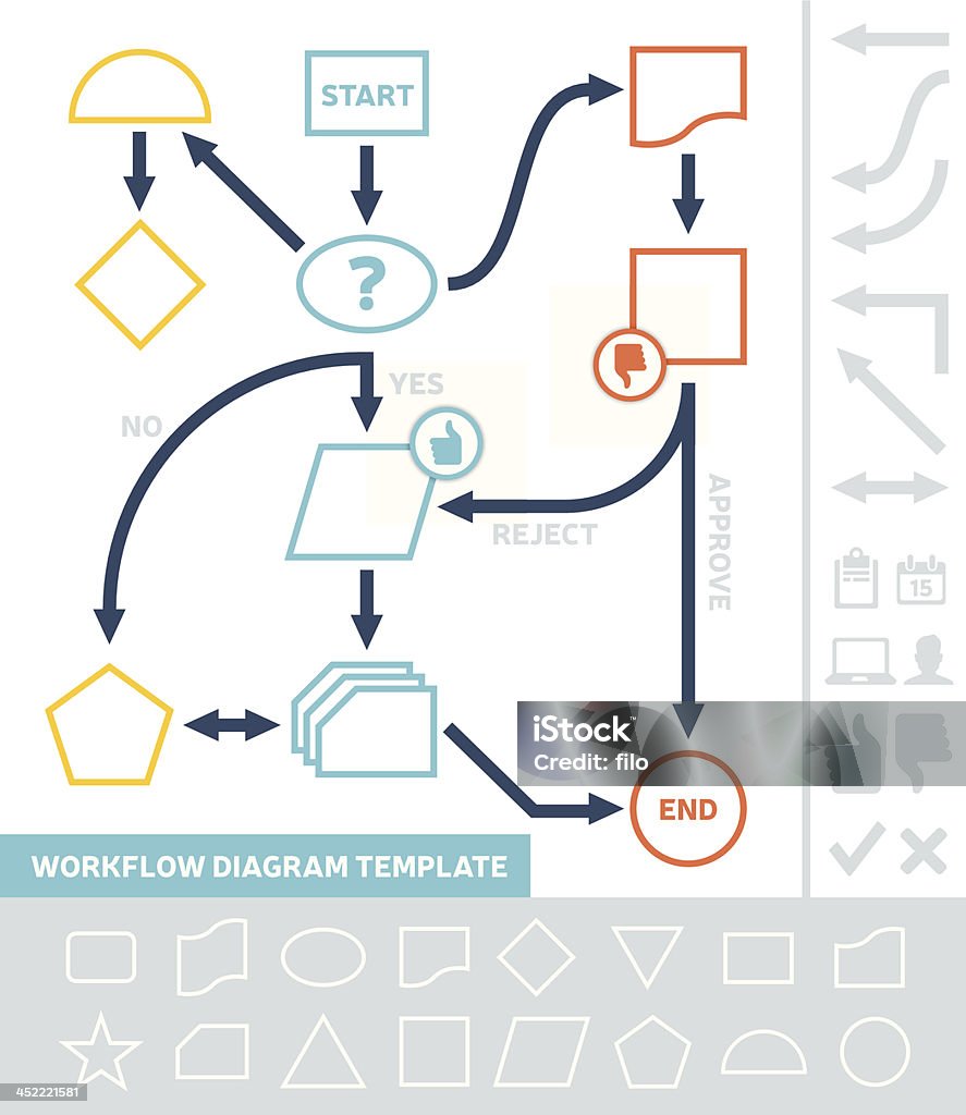 Workflow Design Template Workflow design template with arrows, shapes, text and icons. EPS 10 file. Transparency effects used on highlight elements. Virtual Reality stock vector