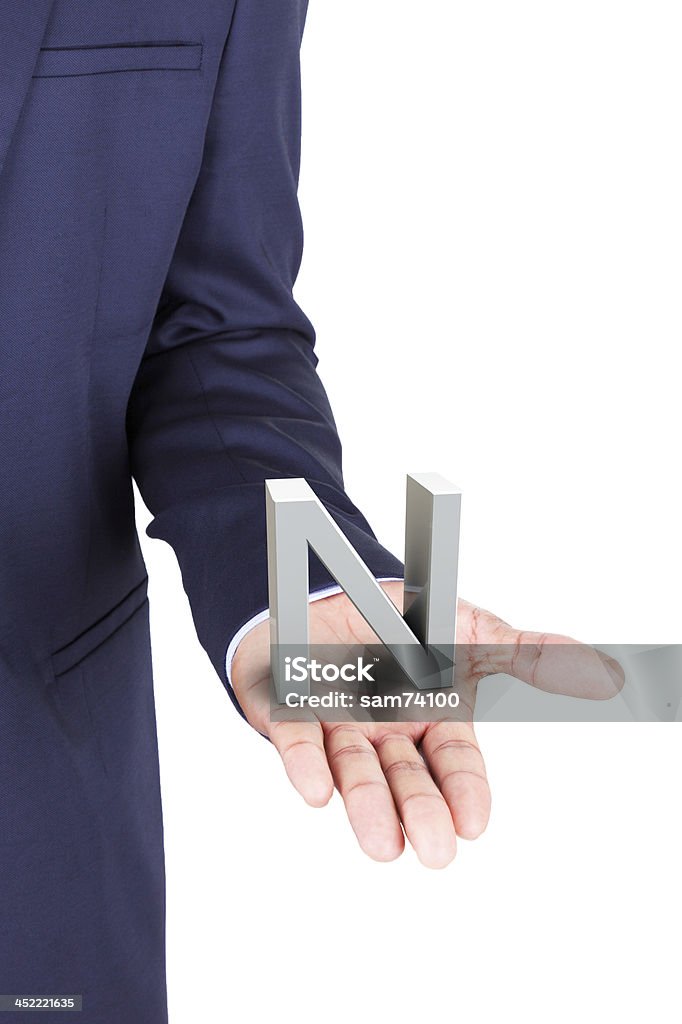 Business man holding a 3d letter in hand palm Business man holding a 3d letter in hand palm, isolated on white background Adult Stock Photo