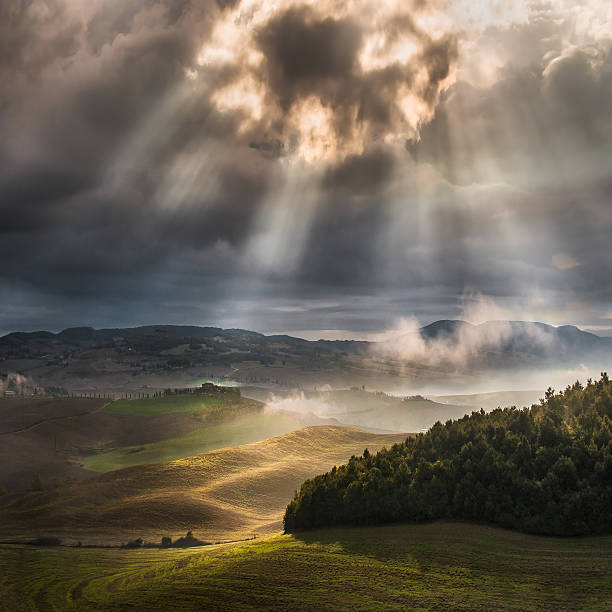 istock Sun rays falling on the field and fog 452223173