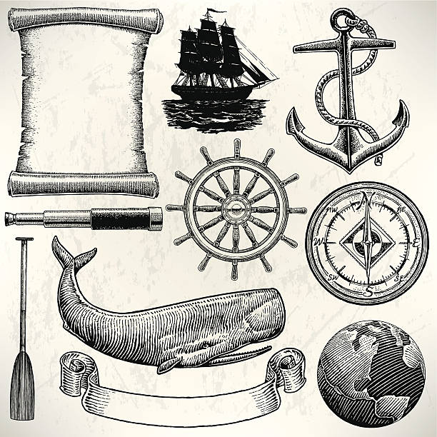 Sail Boat - Old World Sailing Discovery Nautical Equipment Old World Sailing Discovery Nautical Equipment. Pen and ink style illustration of Old World Sailing Discovery Nautical Equipment. Check out my "Ships, Sailing & Sea" light box for more. vintage steering wheel stock illustrations