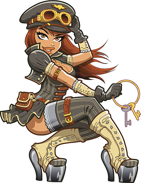 Sexy Steampunk Aviator Sexy Steampunk Airship Captain Aviator with Ring of Keys steampunk woman stock illustrations