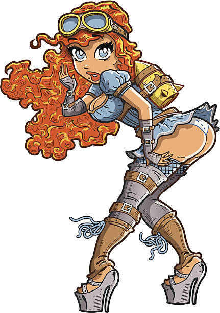 Sexy Steampunk Rocket Girl Sexy Steampunk Girl With Rocket Starpped to Her Back and Surprised Expression steampunk woman stock illustrations