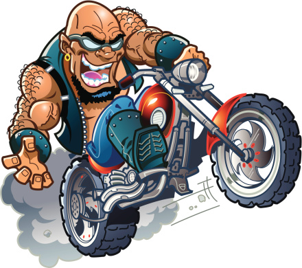 Wild Crazy Bald Smiling Biker Dude with Sunglasses on Motorcycle