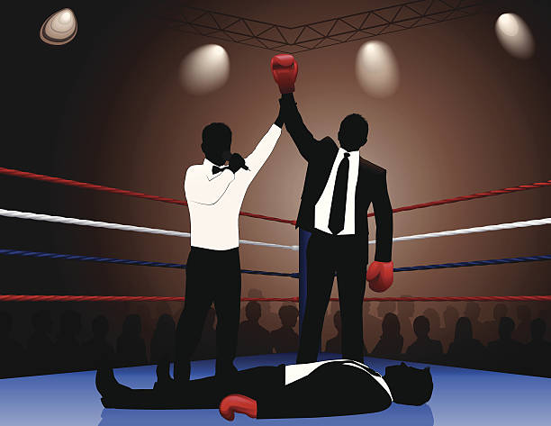 Silhouette of a boxing champion who has knocked down other A businessman beats his opponent in the boxing ring. Files included – jpg, ai (version 8 and CS3), svg, and eps (version 8) knockout stock illustrations