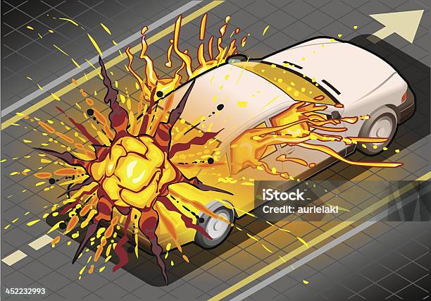 Isometric Weiße Auto Explodiert In Rückansicht Stock Vektor Art und mehr Bilder von Aggression - Aggression, Asphalt, Auto