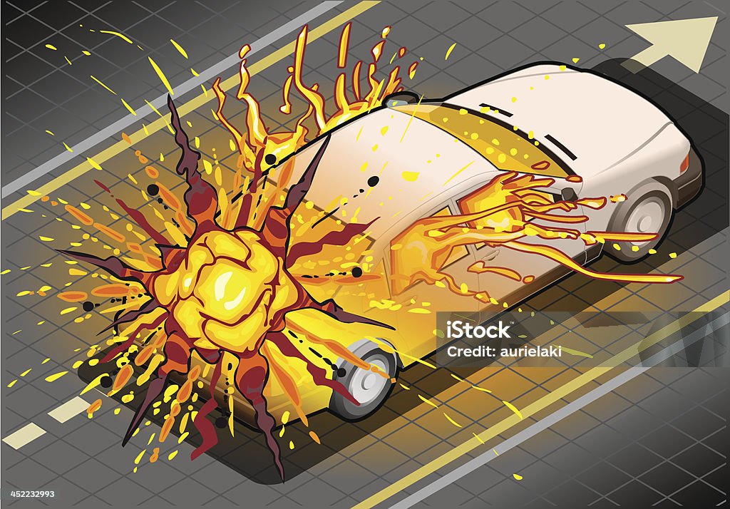 Изометрические белый автомобиль Exploded in вид сзади - Векторная графика Аварии и катастрофы роялти-фри