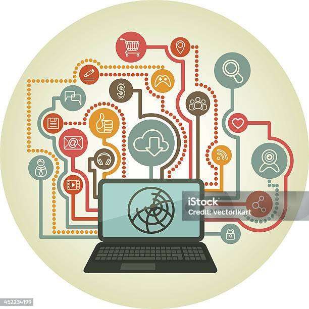 Социальных Сетей Концепция С Ноутбуком И Линия Значки — стоковая векторная графика и другие изображения на тему Без людей