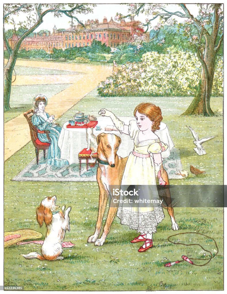 Nineteenth century girl with her pets A young Victorian girl playing with her pet dogs while her governess drinks tea in the garden of a mansion - probably Kensington Palace, London. From “The May Blossom; or The Princess and Her People” illustrated by HH Emmerson, engraved and printed by Dalziel Brothers and published by Frederick Warne & Co, London, in 1881. The book contains illustrated verses “…concerning the Princess Victoria…” who was the daughter of the Prince of Wales, who became King Edward VII in 1901. Afternoon Tea stock illustration