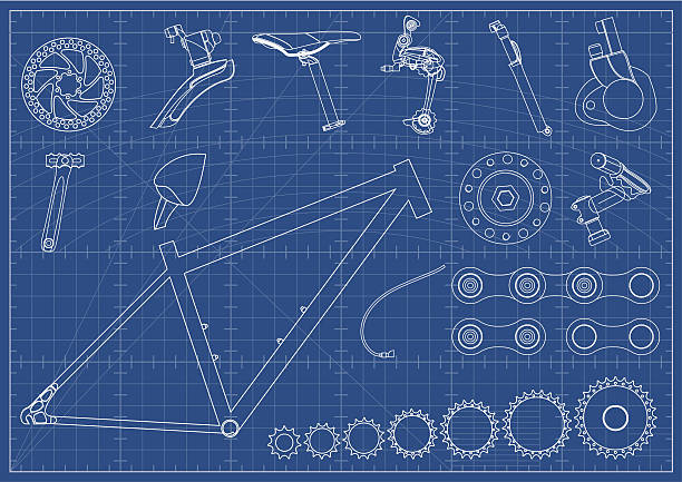 Bike Equipments Blueprints Blueprint with Bike Equipments. cycling bicycle pencil drawing cyclist stock illustrations