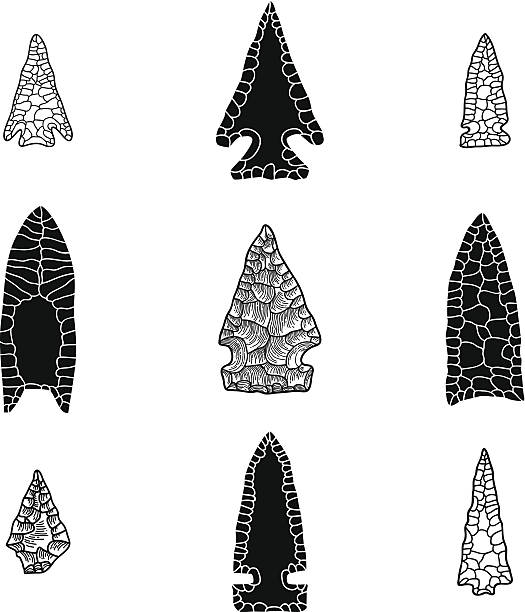 Arrowhead Icons and Drawings Set Set of 9 arrowhead or projectile point vector illustrations. Could be used as icons or example artifact drawings. Each object is grouped. flint stone stock illustrations