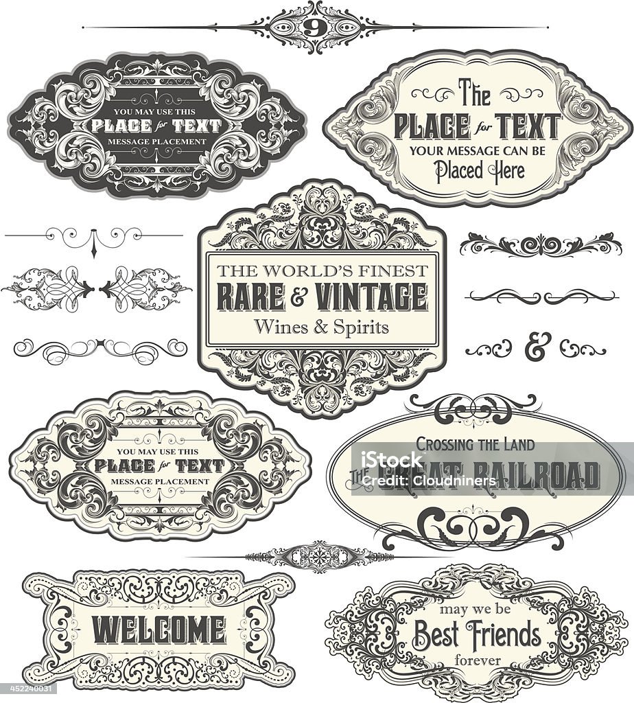 Vintage Label Frames Designed by a hand engraver. Classic labels and billheads with retro style text. Modify to your liking. Highly detailed in authentic hand engraving style for that vintage look. Art Nouveau stock vector