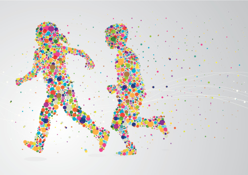 Running pixel children on an abstract background. Children and the pixels behind them are grouped and on different layers. Can be separated. Simple gradient was used on background. Included files are; Aics3 and Hi-res jpg.