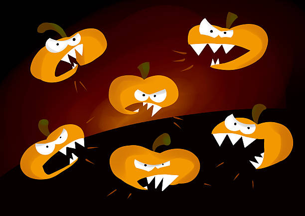 Six angry pumpkins on a dark background, could be used as a Halloween illustration. Yellow and orange, dark tones make a spooky yet funny ambient. We can see their teeth and somehow they remind Angry Birds.