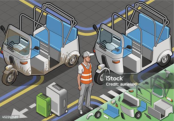 Isometric Biały Riksza W Widok Z Przodu - Stockowe grafiki wektorowe i więcej obrazów Autoriksza - Autoriksza, Dorosły, Fotel samochodowy