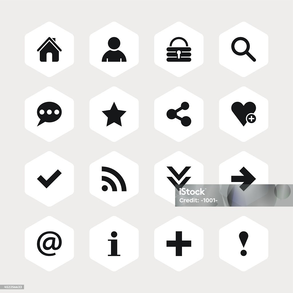 Basic sign black pictogram white icon hexagon button 16 basic icon sign. Set 05. Black pictogram in hexagon white shapes on gray background. Simple web internet button. Solid plain monochrome flat tile. New minimal contemporary metro style. 'at' Symbol stock vector