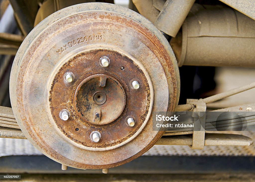 Rear wheel assembly Close up and detail brake disk of the rear wheel assembly Bolt - Fastener Stock Photo