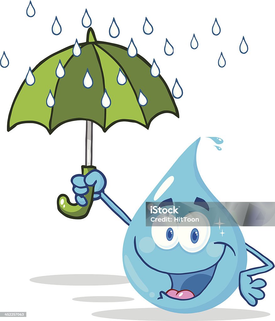 Smiling Water Drop With Umbrella Under The Rain Cartoon Character Smiling Water Drop With Umbrella Under The Rain Water stock vector