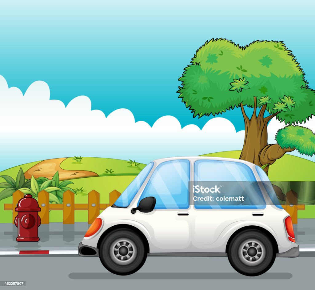 Blanc voiture le long de la rue - clipart vectoriel de Arbre libre de droits