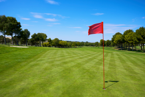 view of a golf course with a red pennant