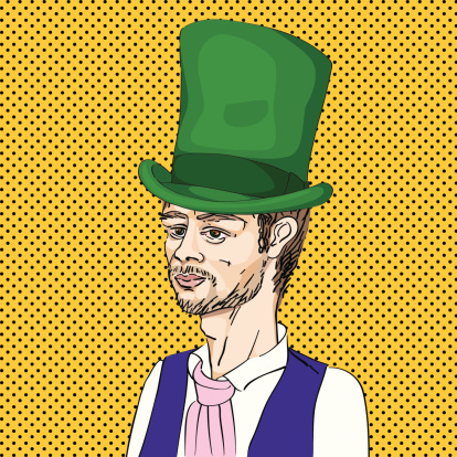 Portrait of a 19th Century young man with green topper, hand drawn illustration over a pop art comics background