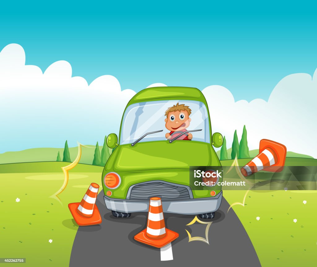 Boy に乗って、緑の車のトラフィックコーン bumping - 衝突事故�のロイヤリティフリーベクトルアート