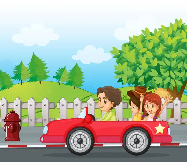 Vector illustration of Young gentlemen driving car with two ladies at the back