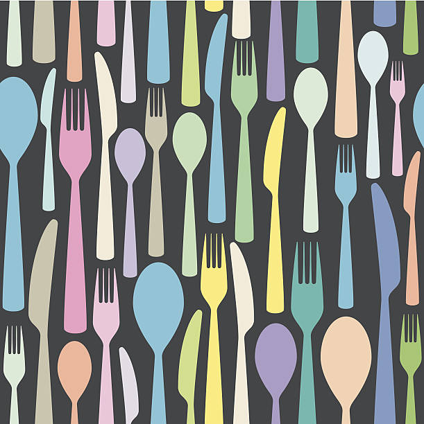 bezszwowe kolorowy wzór sztućce tematyczne - food dinner restaurant silverware stock illustrations