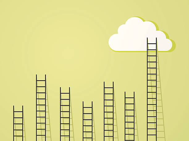 ilustraciones, imágenes clip art, dibujos animados e iconos de stock de escalera de las nubes y el concepto de éxito - ladder