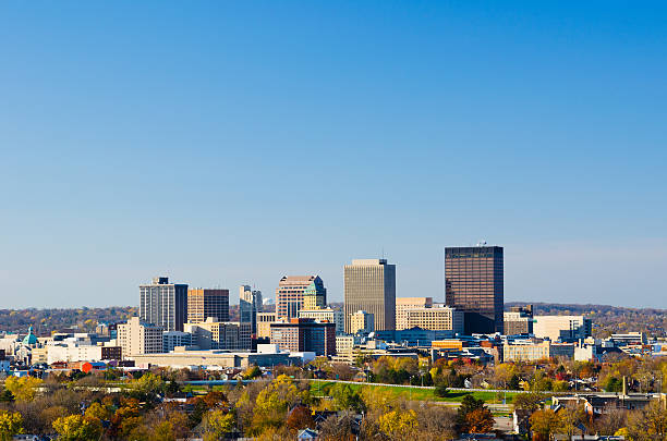 Dayton skyline aerial view Downtown Dayton skyline aerial view during Autumn with copyspace on the top. dayton ohio skyline stock pictures, royalty-free photos & images