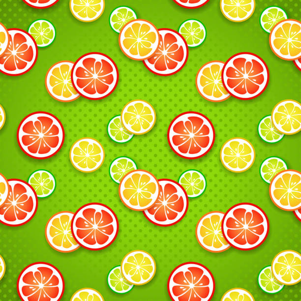 ilustrações, clipart, desenhos animados e ícones de fatias de frutas cítricas frescas sobre fundo verde de bolinhas. - orange portion vector textured