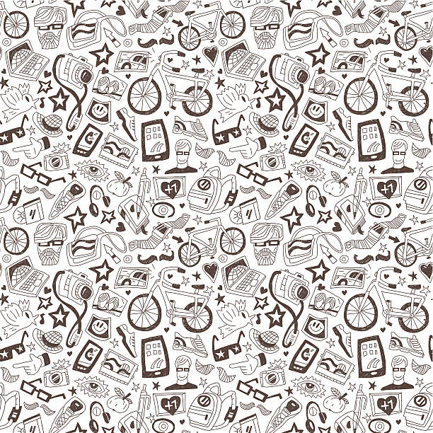 hipsters - seamless background hipsters - seamless background with icons in sketch style teenager doodle stock illustrations