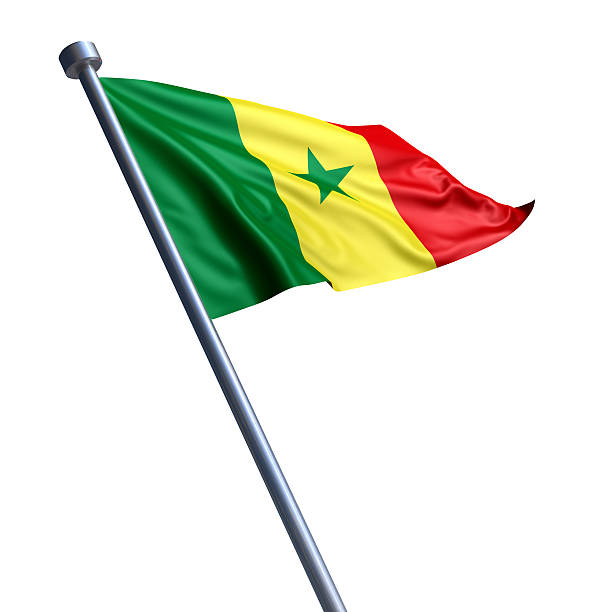 Flag of Senegal isolated on white Flag of the Republic of Senegal on modern metal flagpole. senegal flag stock pictures, royalty-free photos & images