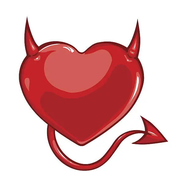 Vector illustration of vector cartoon heart with devil horns and a tail