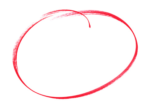 A large red circle is drawn with a freehand brush on the white background.  The larger stoke creates a smooth curve around the bottom of the figure while a smaller arc connects the ends.  These two strokes cross each other at the top of the figure.