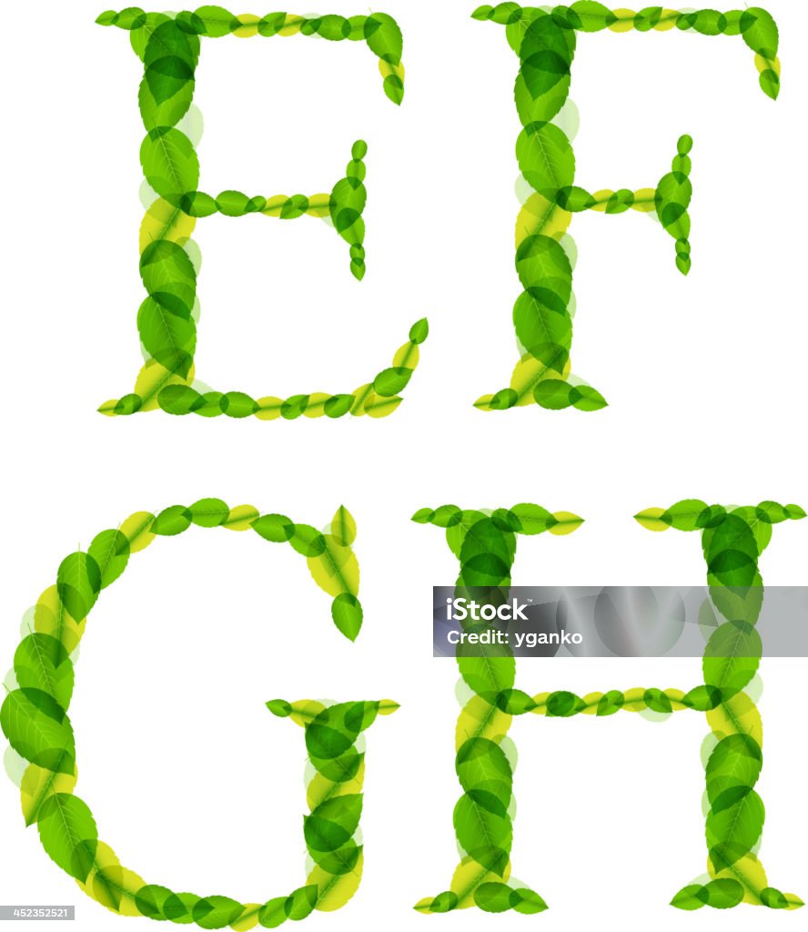 alphabet letters made from spring green leaves. Vector illustration Vector alphabet letters made from spring green leaves. Vector illustration. EPS10. Contains transparent objects used for shadows drawing, glare and background. Background to give the gloss. Alphabet stock vector