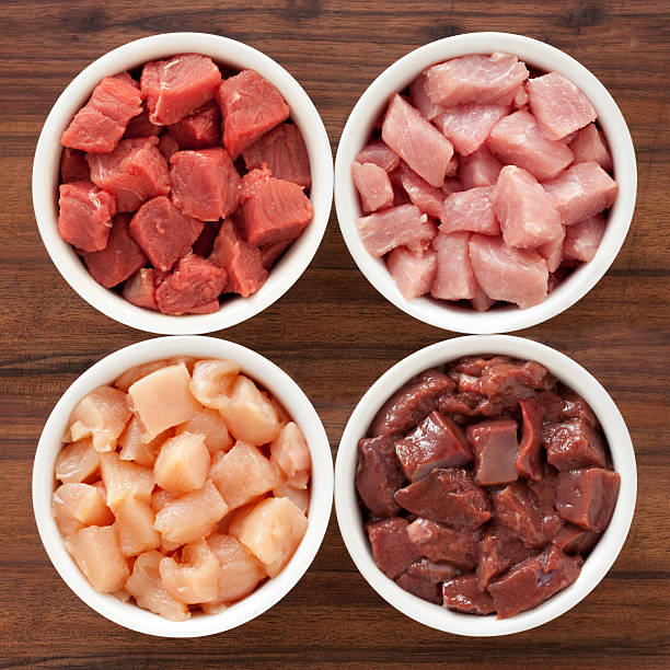 Raw meat Top view of four bowls full of diced raw meat animal liver stock pictures, royalty-free photos & images