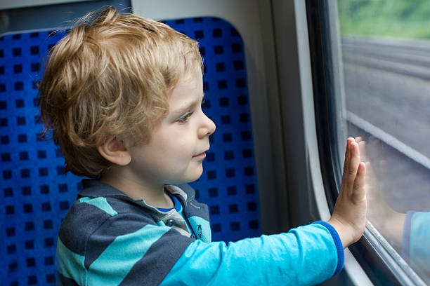 istock Cute little boy looking out train window 452355051