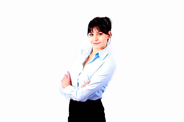 giovane bellissima capelli castani human resource buisinesswoman con croce braccio - shoe business expertise human resources foto e immagini stock