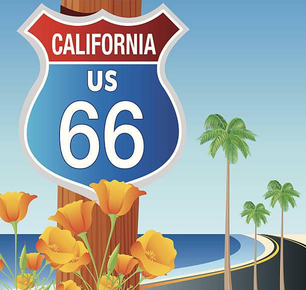 ilustrações, clipart, desenhos animados e ícones de estrada 66 e praia - route 66 california road sign