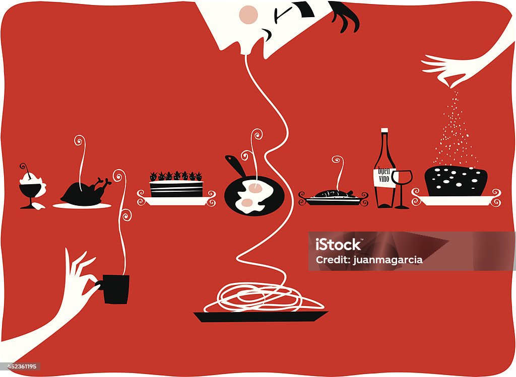 Illustration of vintage kitchen items, restaurant, cattering, pastries, gourmet Vintage illustration of cup of ice cream and whipped cream, silhouette of a woman's hand with a cup of coffee, cake with strawberries, pan with fried eggs, baked fish, wine bottle silhouette of hand hechando sugar on a cake and man eating spaghetti. Illustration on red background perfect for kitchen tablecloth for restaurant, cattering, pastries, gourmet. Illustration stock vector