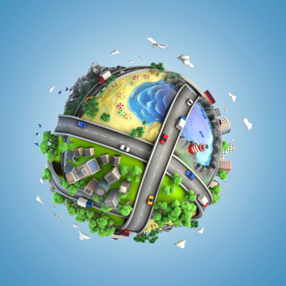 concept globe showing diversity, transport and green energy  in a cartoony style