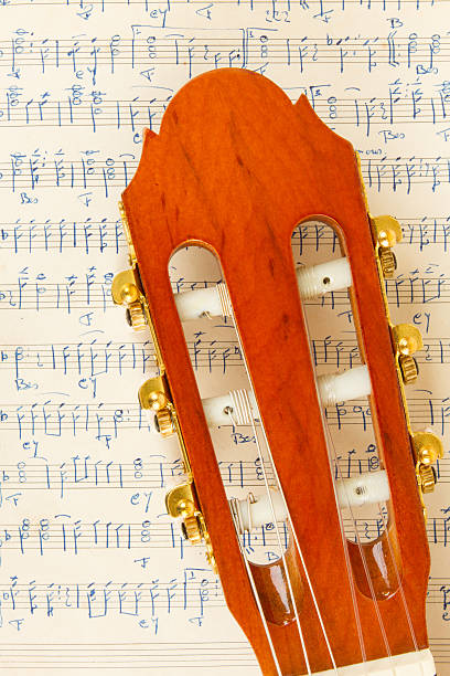 istock Old music sheet and a guitar 452365665